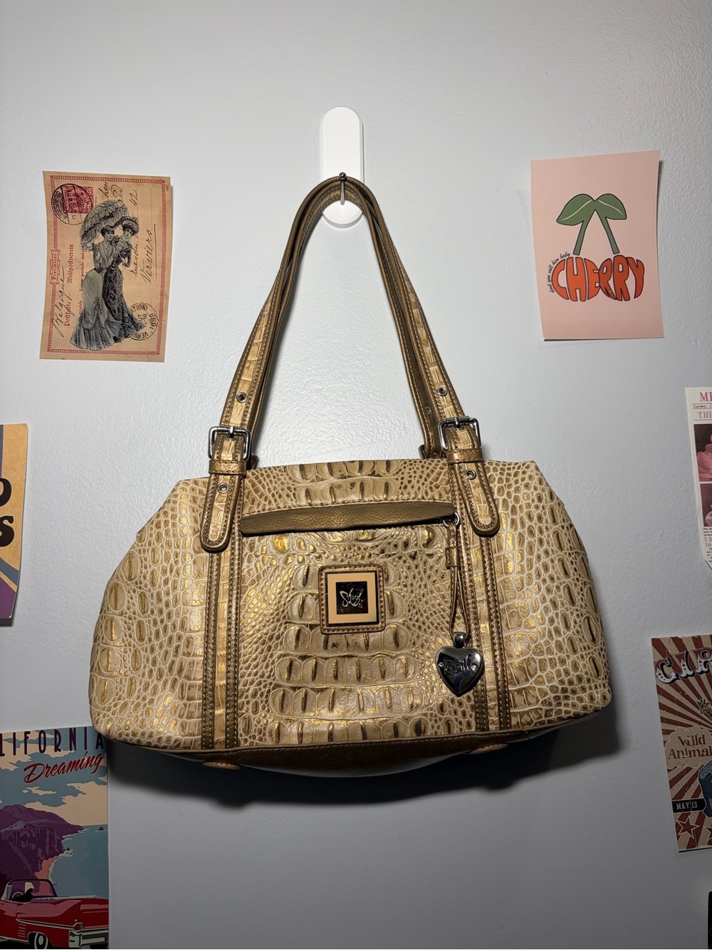 Sharif Gold Croc-Embossed Shoulder Bag with Heart Charm